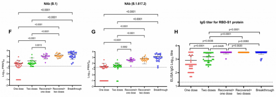 Neutralising antibody and IgG antibody titres from the sera of indicated cohorts for B.1 and B.1.617.2 variants.