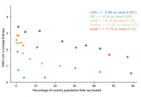 Diversity in SARS-CoV-2 lineages over time by vaccination rate.