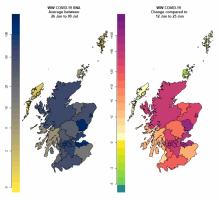 Wastewater Covid-19 levels (million gene copies/person/day) for local authorities 26Jun-9Jul, changes relative to 12-25June.