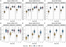 SARS-CoV-2 IgG binding antibody titres to wildtype (A-C) and pseudovirus neutralisation IU50/mL titres to D614G (D-F) at study day 1 (baseline), study day 15 (post-boost), and study day 29. Convalescents are indicated by red data points.