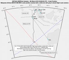 GDTAA WSPRnet analysis - 8th March 2014 00:20:24 UTC - MH370 9M-MRO crash position.