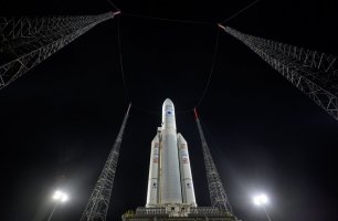 Ariane 5, flight VA256/JWST, at pad ELA-3, night shot.