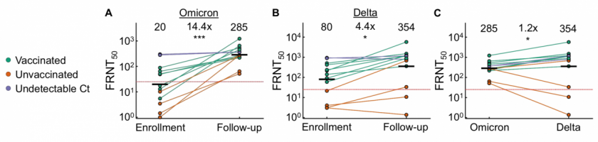 Omicron (A) or delta (B) live virus neutralisation by sera from study participants infected in the omicron infection wave at enrollment (median 4 days post-symptom onset) and at follow-up (median 14 days post-enrollment). (C) Comparison of neutralisation of omicron and delta at the follow-up timepoint.