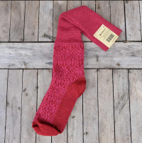 Chunky wool socks, knee high, with a Nordic pattern in red and pink