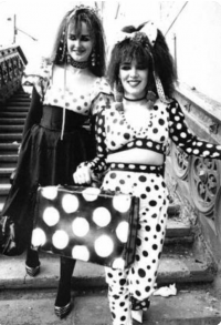 Strawberry Switchblade 80s duo in polka dots (black and white photo)