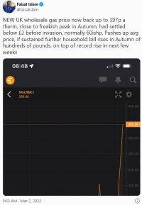 BBC econ ed: UK wholesale gas price now back up to 397p a therm, close to freakish peak in Autumn, had settled below £2 before invasion, normally 60ishp. Pushes up avg price, if sustained further household bill rises in Autumn of hundreds of pounds, on top of record rise in next few weeks. 