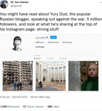Blogger Yury Dud instagram page showing picture of bombed apartment block, picture of Putin addressing officials and picture of young woman
