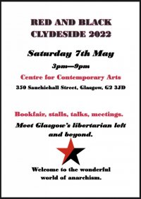 Flyer for Red and Black Clydeside Bookfair in the CCA, Glasgow, 7th May 3pm until 9pm