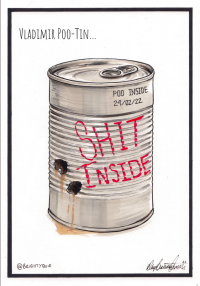 tin can with SHIT INSIDE written on, with 2 bullet holes with brown liqued seeping out.