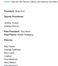 Stop the War Patrons, Officers and Steering Committe list - 2nd on list of patrons is George Galloway.