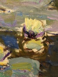 Close up of a waterlily, showing not just primrose yellow but mauve and dark purple brush strokes