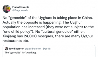 Fiona Edwards on twitter in Dec saying there is no genocide of Uyghurs taking place in China.