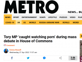 Metro headline - Tory MP ‘caught watching porn’ during mass debate in House of Commons