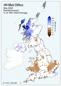 May 2022 UK rainfall amount as % of 1991-2020 average, Met Office.