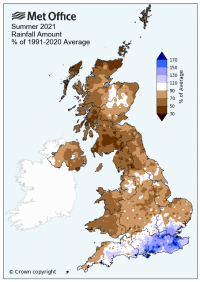 Summer 2021 UK rainfall amount as % of 1991-2020 average, Met Office.