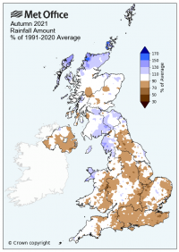 Autumn 2021 UK rainfall amount as % of 1991-2020 average, Met Office.