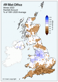 Winter 2022 UK rainfall amount as % of 1991-2020 average, Met Office.