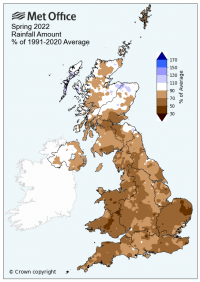 Spring 2022 UK rainfall amount as % of 1991-2020 average, Met Office.