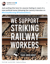 tweet from caroline lucas 'we support striking railway workers'