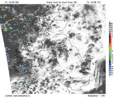 Precipitation (mm) and cloud cover (%), 21z 19Aug2022, UKV.