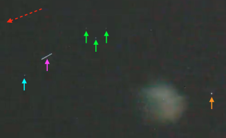 Nascent Starlink train (magenta), upper stage (orange) and tumbling retaining rods (green) plus (most likely) Boeing Sherpa-LTC2 rideshare payload and/or adapter (cyan). Apparent direction of motion indicated by dashed red arrow.