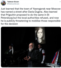 Pic under tweet is of A Dugin speaking into mic, Darya Dugin photo behind him.