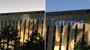 left pic: blue writing go fuck yourself & pic on right Terrorist