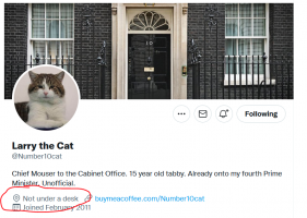 Larry the Cat has updated his location on tweeter to 'not under a desk'