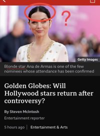 Screenshot of the BBC News website. Accompanying an article about the Golden Globes ceremony, they have a picture of a dark haired actor called Ana de Armas, and they describe her as blonde! 