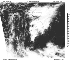 Cloud cover, 0300UT Mon 13 Feb 2023 (UKV 18z12Feb2023).