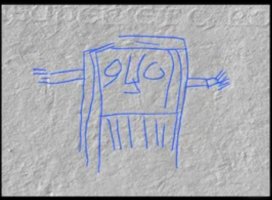 A medieval doodle, blue on parchment, that resembles SpongeBob Square Pants.