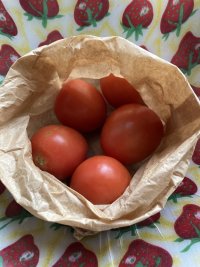 A brown paper bag is in a strawberry pattern fruit bowl. There are five ripe tomatoes in the bag. They were found in a local greengrocer and cost more than the poster would normally spend, but he likes tomatoes and hasn’t seen any in the supermarkets for a good few weeks.  This is a good day. The poster smiles to himself, a little smugly, but contentedly.  He anticipates eating them. He is happy. 