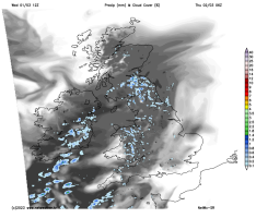 Precipitation (mm) and cloud cover (%), 0600hrs 02Mar2023 (UKV 12z01Mar2023).