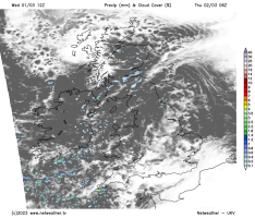 Precipitation (mm) and cloud cover (%), 0600hrs 02Mar2023 (UKV 12z01Mar2023).