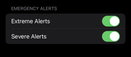 Cropped screenshot. EMERGENCY ALERTS Extreme Alerts Severe Alerts- selection buttons are selected on.