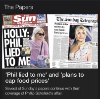 BBC Website reports of tomorrow’s papers: 'Phil lied to me' and 'plans to cap food prices' Several of Sunday's papers continue with their coverage of Phillip Schofield's affair.