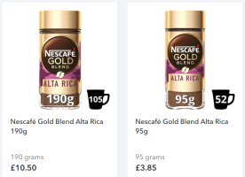 screengrab from Coop site showing nescafe gold blend alta rica instant coffee - jar on left £10.50 for 190g, jar on right £3.85 for 95g