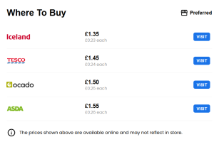 Screengrab of comparative prices for lancashire oven bottom muffins between iceland, tesco, ocado and asda