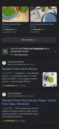 Screenshot of a Google search for a recipe. There's a drop-down box that says Find out why fruits and vegetables are a sustainable choice. From the United Nations (link to UN website)