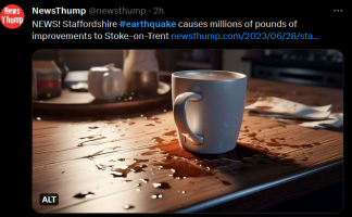 screengrab of tweet from news thump saying 'staffordshire earthquake causes millions of pounds of improvements to stoke on trent'