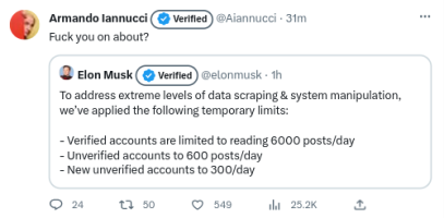 Armando Ianucci replies 'Fuck you on about?' to Musk's tweet on usage limits