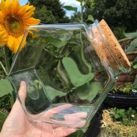 Tilted glass cookie/candy jar. Not open.