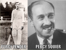 Left image: Percy Fender batting with caption: Percy Fender; Right image: Percy Fender in suit smoking through cigarette holder with caption: Percy Squier