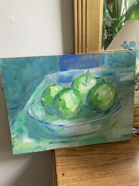 Apples in and around a bowl. Acrylic on board. 