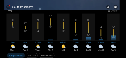 Screenshot of a weather forecast for the next nine days, showing high temperatures between 14 and 17 degrees and lows from 12-15. Most days are cloudy or cloudy with some sun, and have the possibility of a smallish amount of rain.