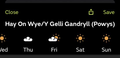 Screenshot of Weather App for end of week: Sun icons.