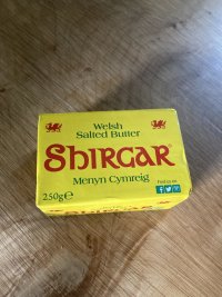 Welsh salted butter. Shirgar. A yellow pack with red writing, festooned with dragons. 