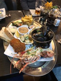 A large platter of mixed seafood