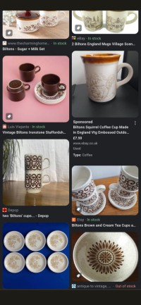 Screenshot of a Google image search showing several brown and cream Biltons crockery sets