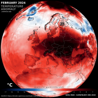 February 2024 temperature anomaly. Quote: Effectively everywhere in the dark red shading smashed warmest February record - most by large margin. Austria has over 250 years of temperature record and nothing compares to this. Not even close.